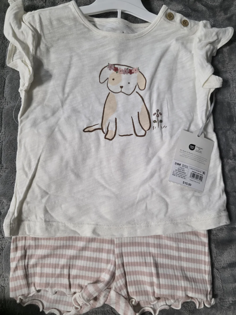 Kids White Puppy Graphic Pajama Set with Pink Striped Shorts
